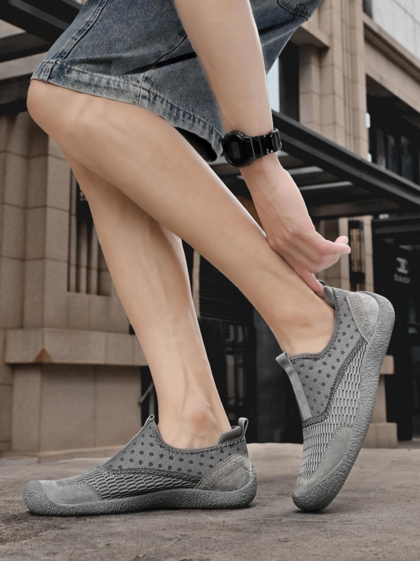 Men's Solid Color Mesh Breathable Slip-On Loafers, Soft Sole Anti-Slip Hand-Stitched Walking Shoes, Lightweight Casual Dad Shoes