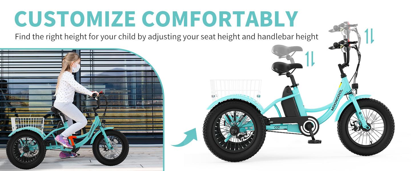 MOONCOOL Electric Tricycle for Youth, 35 Miles 16IN 3.0 Fat Tire Electric Trike, 3 Wheels Electric Bicycle Bikes, 250W Aluminum Frame Electric Tricycle Etrike with Removable Battery and Basket