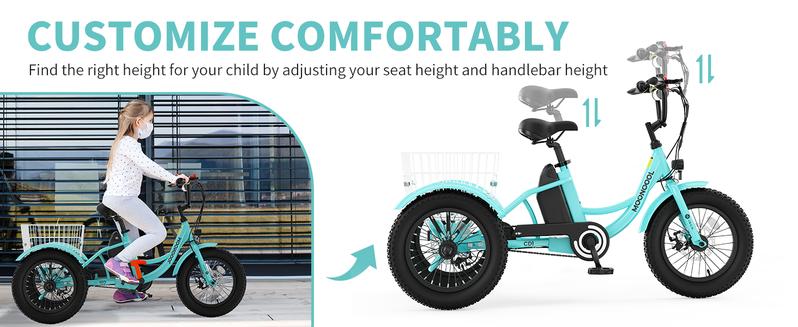MOONCOOL Electric Tricycle for Youth, 35 Miles 16IN 3.0 Fat Tire Electric Trike, 3 Wheels Electric Bicycle Bikes, 250W Aluminum Frame Electric Tricycle Etrike with Removable Battery and Basket