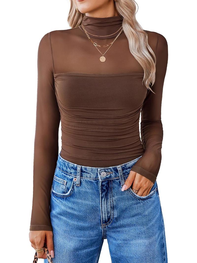 Women's Mesh Sheer Long Sleeve Ruched Top, Sexy Fitted High Neck, Fashion Versatile Base layer