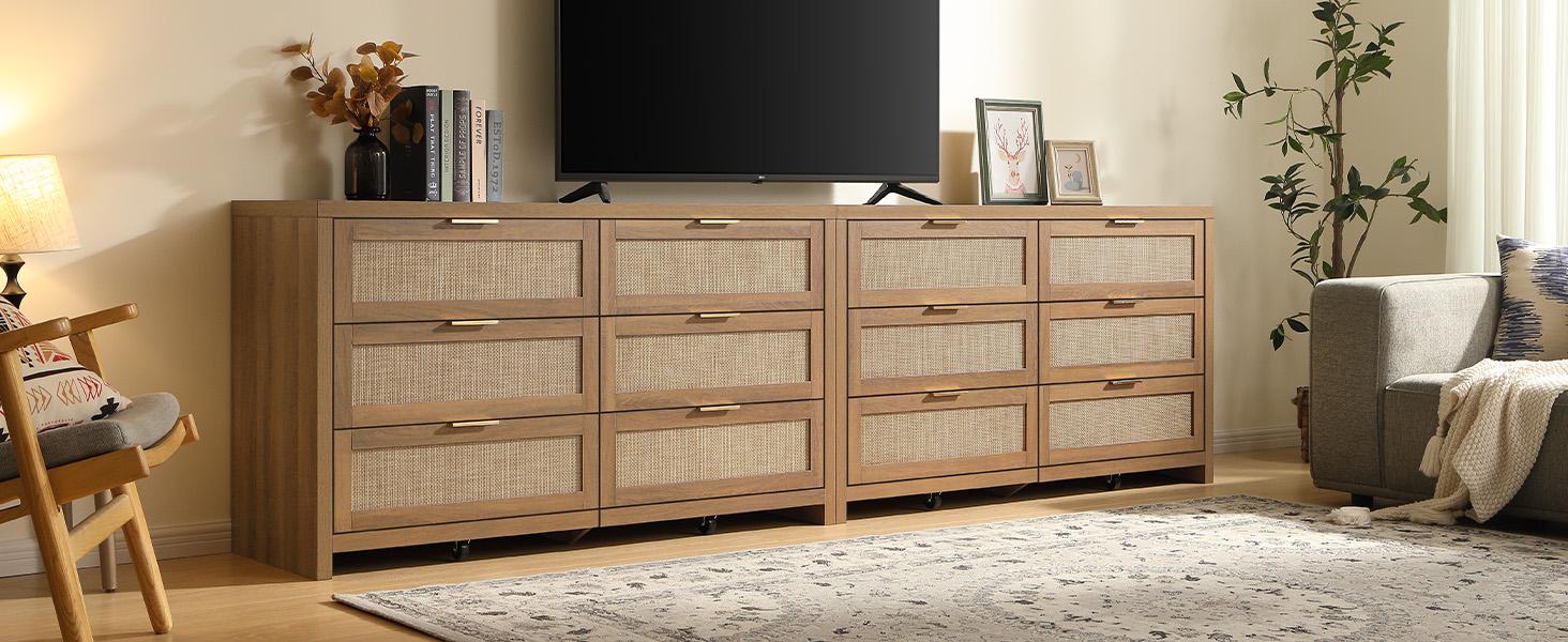 SICOTAS Rattan Dresser for Bedroom, 17.7" x 56.9" x 31.3" Size 6 Drawer Dresser with Ample Storage,Unique Engineered Wood Dressers Large Chest of Drawers for Nursery, Closet, Boho TV Stand for Bedroom, Sturdy and Durable, Easy Installation