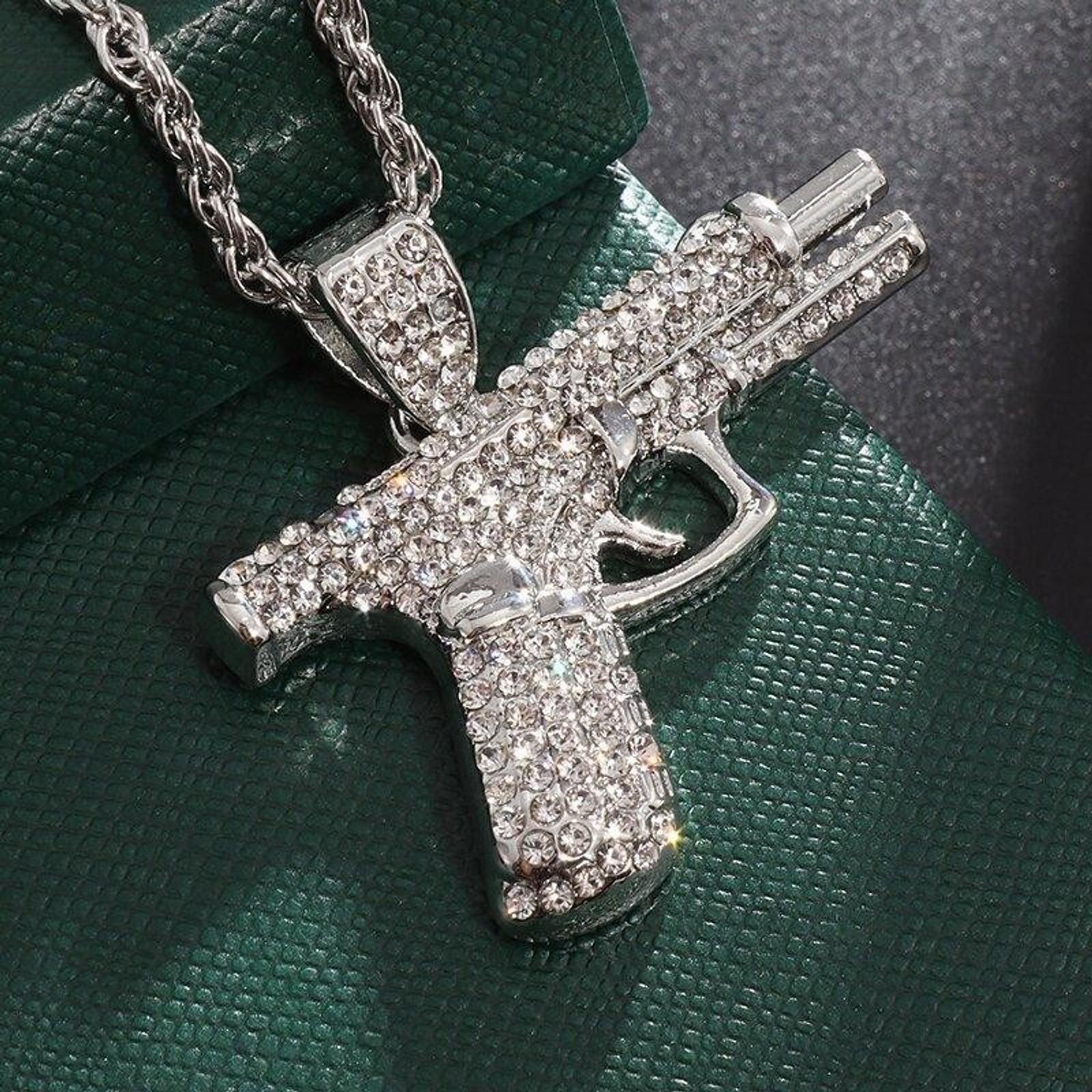 Men's Iced Out Cuban Link Chain with Rhinestone Pistol Pendant, Hip Hop Bling Necklace for Daily Casual Wear