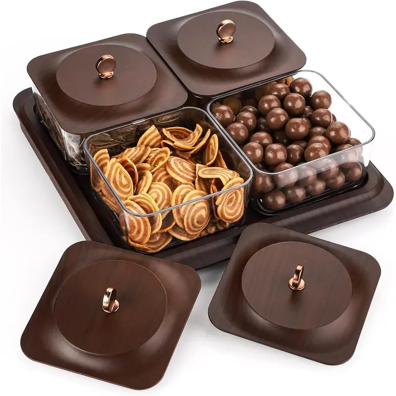 Plastic Serving Tray with 4 Snack Containers and Lids, Divided Party Platter for Chips, Candy, Fruits, Appetizers and Home Gatherings