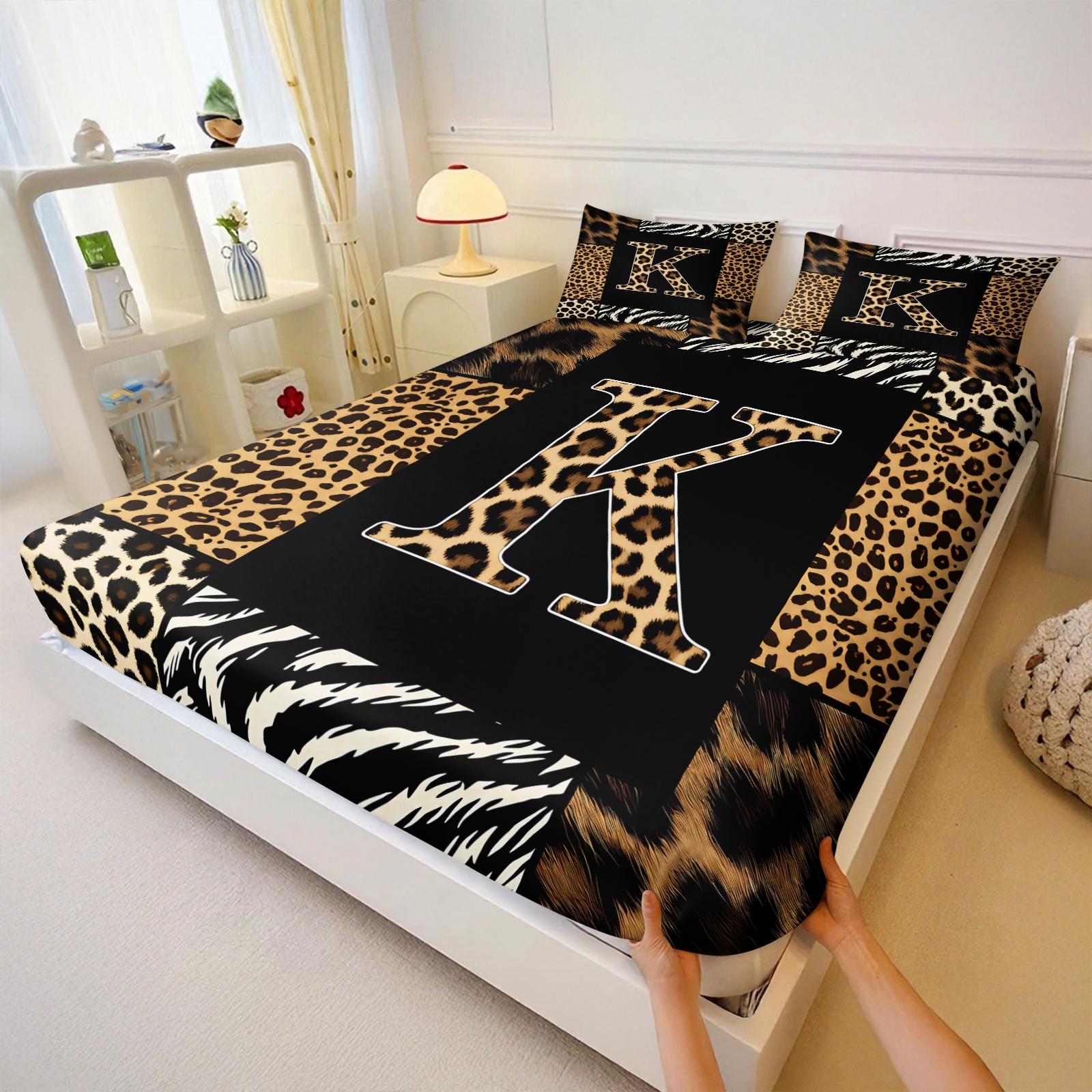 3Pcs Trendy Wild Leopard Zebra Patchwork Letter A-Z Fitted Sheet Set No Fillers, Animal Print Bed Sheet Set, Stylish Modern Bedding Set with Pillowcases, Deep Pocket Bedding for Women Girls Bedroom Decor
