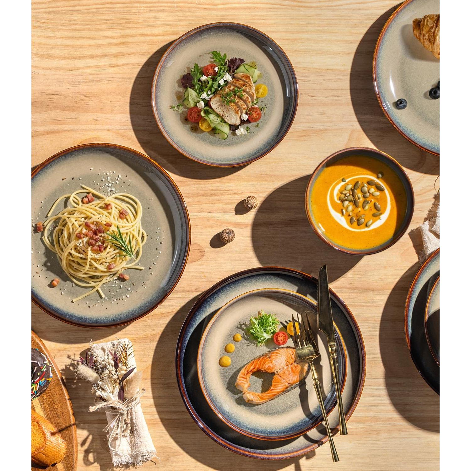Stoneware Dinnerware Sets for 4, 12 count Ceramic Plates and Bowls Sets, Scratch Resistant Dish Set, Oven, Microwave & Dishwasher Safe, Coca Mocha