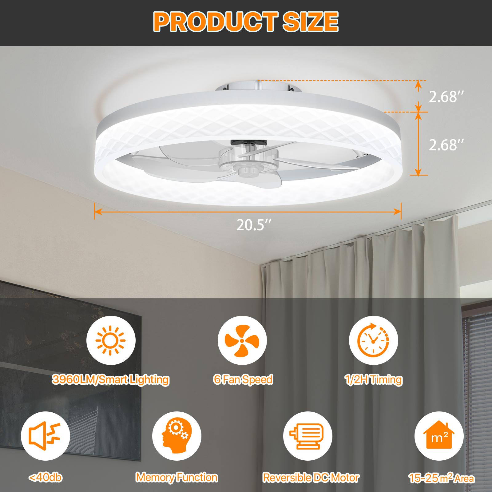 HYPERLITE Ceiling Fans with Lights - 19.7 Inch Flush Mount Ceiling Fan with Remote, 6 Wind Speeds, Reversible DC Motor, Dimmable LED Light with 3 CCT, Modern Ceiling Fan for Bedroom, Kitchen, Black，White，Adjustable Rgb Lighting，Jumpstart newyear