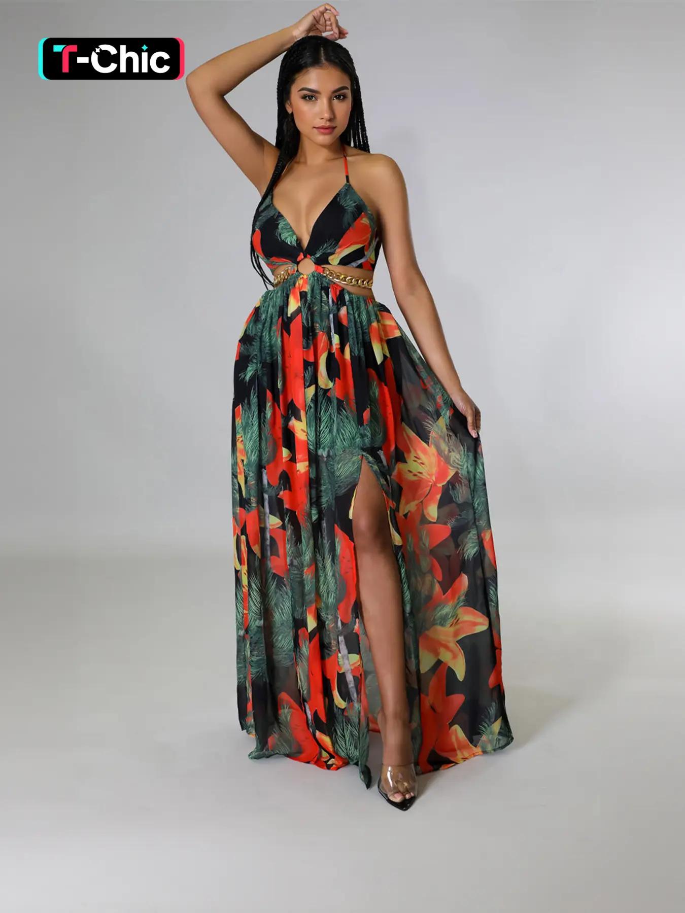 Summer Floral Print Deep V Halter Tie Split Maxi Dress Casual Wear