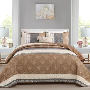 Queen Set, Striped Floral Brown Bedspread Coverlet Set, Boho Summer Patchwork Queen Size 3 Pieces, Soft Microfiber Reversible Bedding Set for son (96"x90")