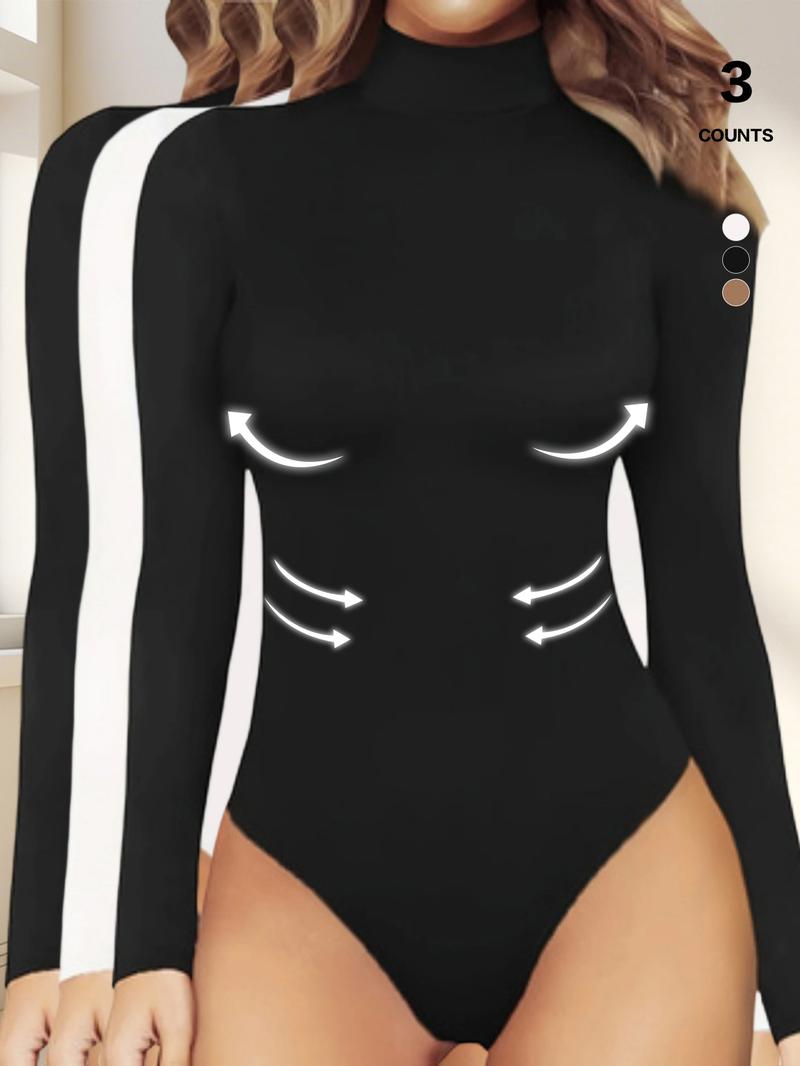 Women's Tummy Control Mock Neck Bodysuit, Long Sleeve Stretchy Slim Fit Jumpsuit, Elegant Body Shaper Top, Casual Lounge Leotard