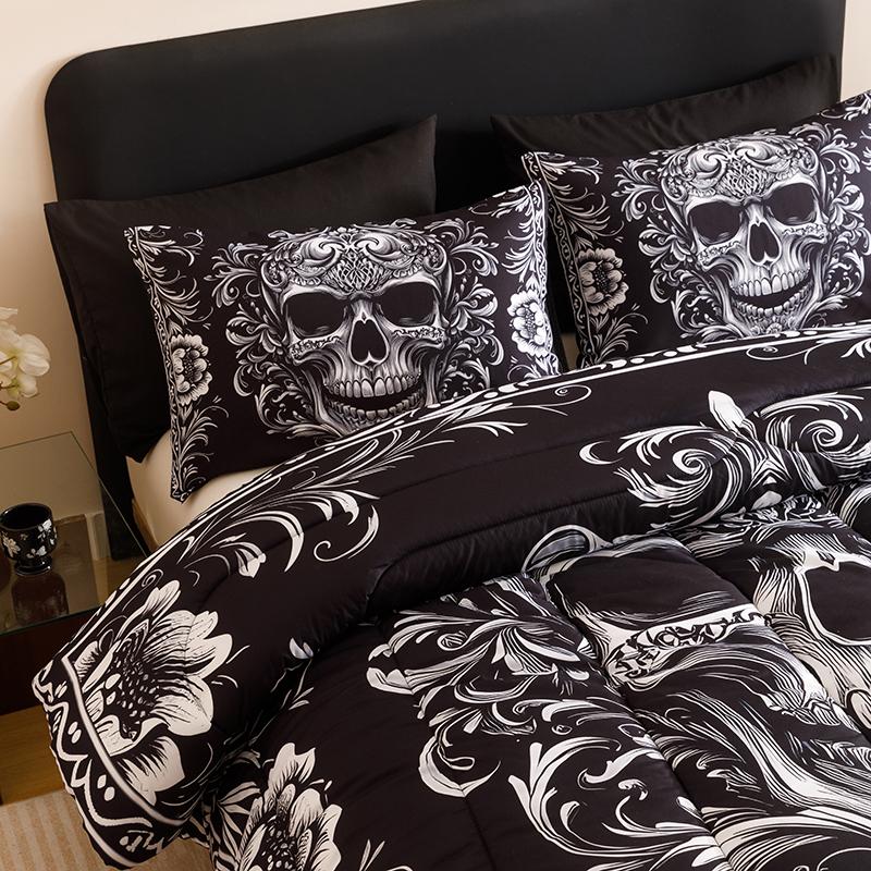 3-piece Quilt Set (1 Quilt + 2 pillowcases, no pillow), including 180Gsm filling, soft and breathable, digitally printed black and gray floral patterns of skulls, suitable for bedrooms, dormitories and home use, no bed sheets or bed covers.