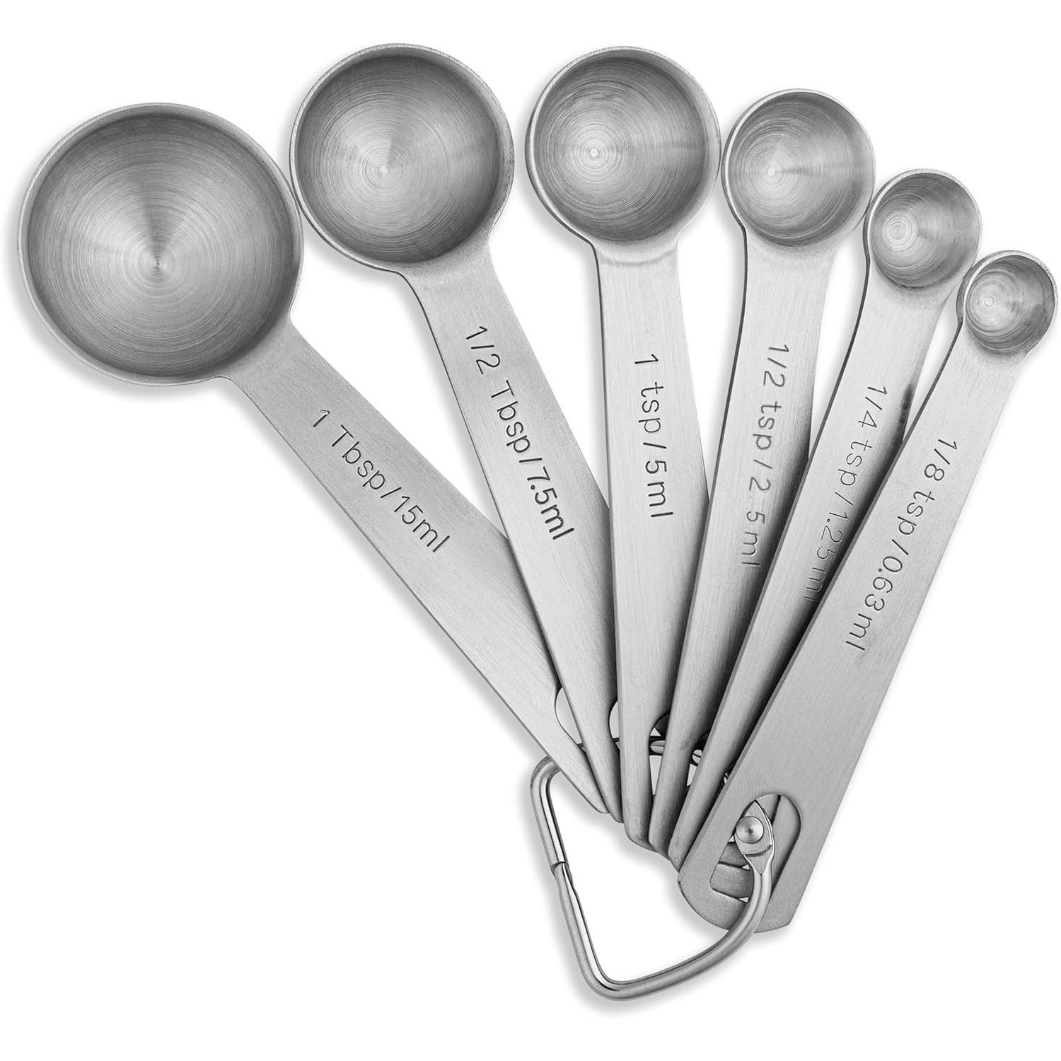6 Piece Stainless Steel Measuring Spoons Set, Us and Metric Units, Detachable Ring, Dishwasher Safe, Includes 1tbsp, 1tsp, 1/2tbsp, 1/2tsp, 1/4tsp, 1/8tsp.Simplify your kitchen routine with measuring spoons that are dishwasher safe and quick to clean