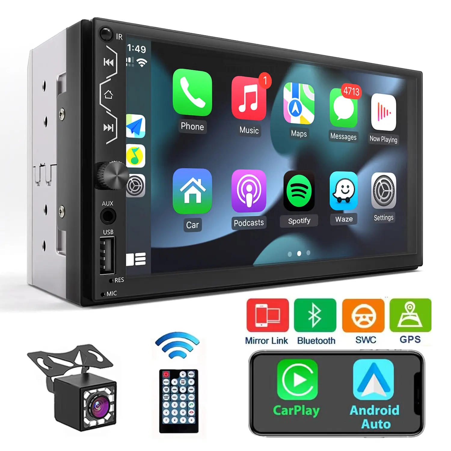 7 Inch Car Radio Double Din HD Touchscreen Car Video Player Support Carplay Android Auto, with Backup Camera Mirror Link GPS Navigation USB/AUX Input