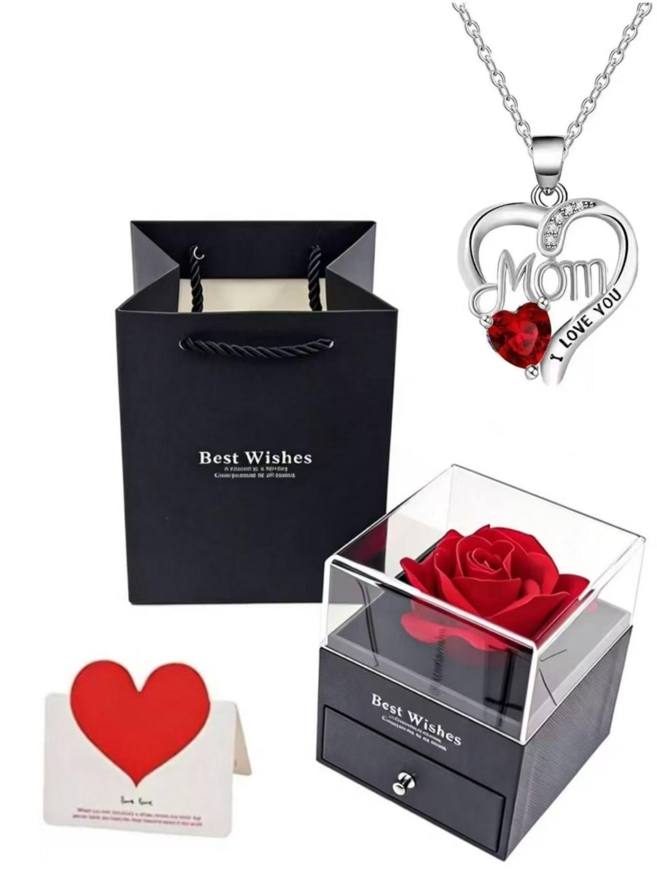 Mother's Day Gift Set, Heart-Shaped Ruby Necklace, Rose Flower Pendant, Elegant Jewelry Box, Express Love to Mom, Perfect Mother's Day Present