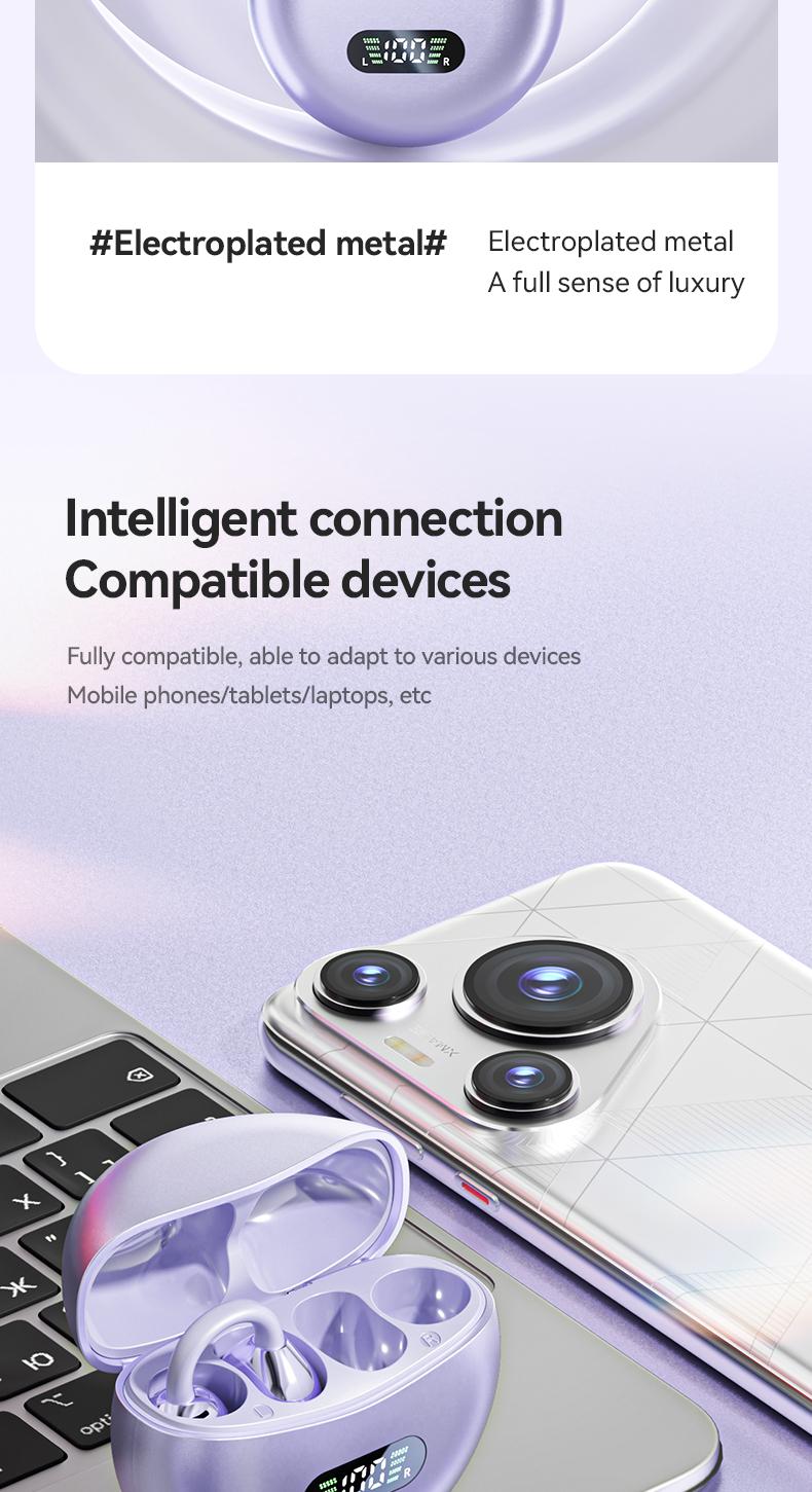 Clip-On Wireless Earbuds, Bluetooth-compatible 5.4 Stable Connection, Clear Hi-Fi Sound, Sweat-Resistant Design, Compatible with Android & iOS