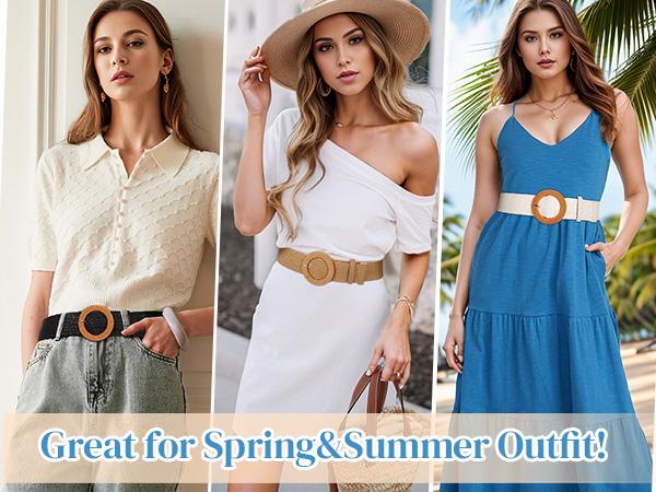 JASGOOD Straw Woven Elastic Stretch Belts Women, Wide Boho Braided Dress Belts with Wooden Style Buckle dealsforyoudays