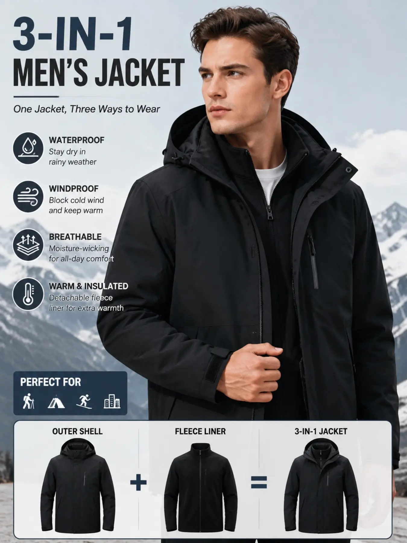 Men's Three-In-One Jacket, Simple Commuter Style, Windproof Waterproof, Detachable Inner Lining, Outdoor Coat for Young Men