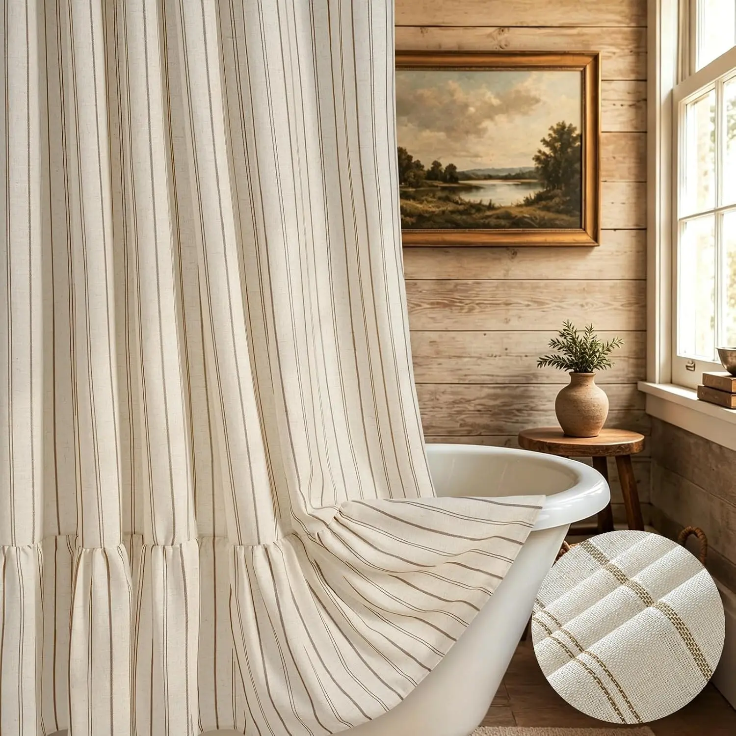 Farmhouse Ruffle Shower Curtain, Striped Linen Shower Curtain Set with 12 Hooks for Bathroom, Vintage Tan Bath Curtains Waterproof Weighted Cloth, 72" W x 72" L