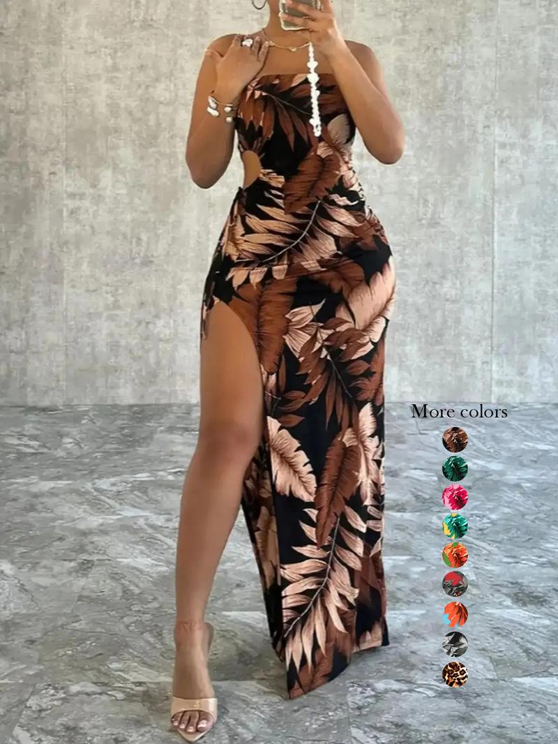 Women's Leaf Print Split Thigh Bodycon Dress, No Drawers Sundress, Mufti Clothes, Fit Sleeveless Cut Out Ruched Maxi Sun Dress, Fashion Women's Knitted Dress for Beach Holiday, Flattering Sleeveless Brown Womenswear, Lady Casual Fashionable Dress