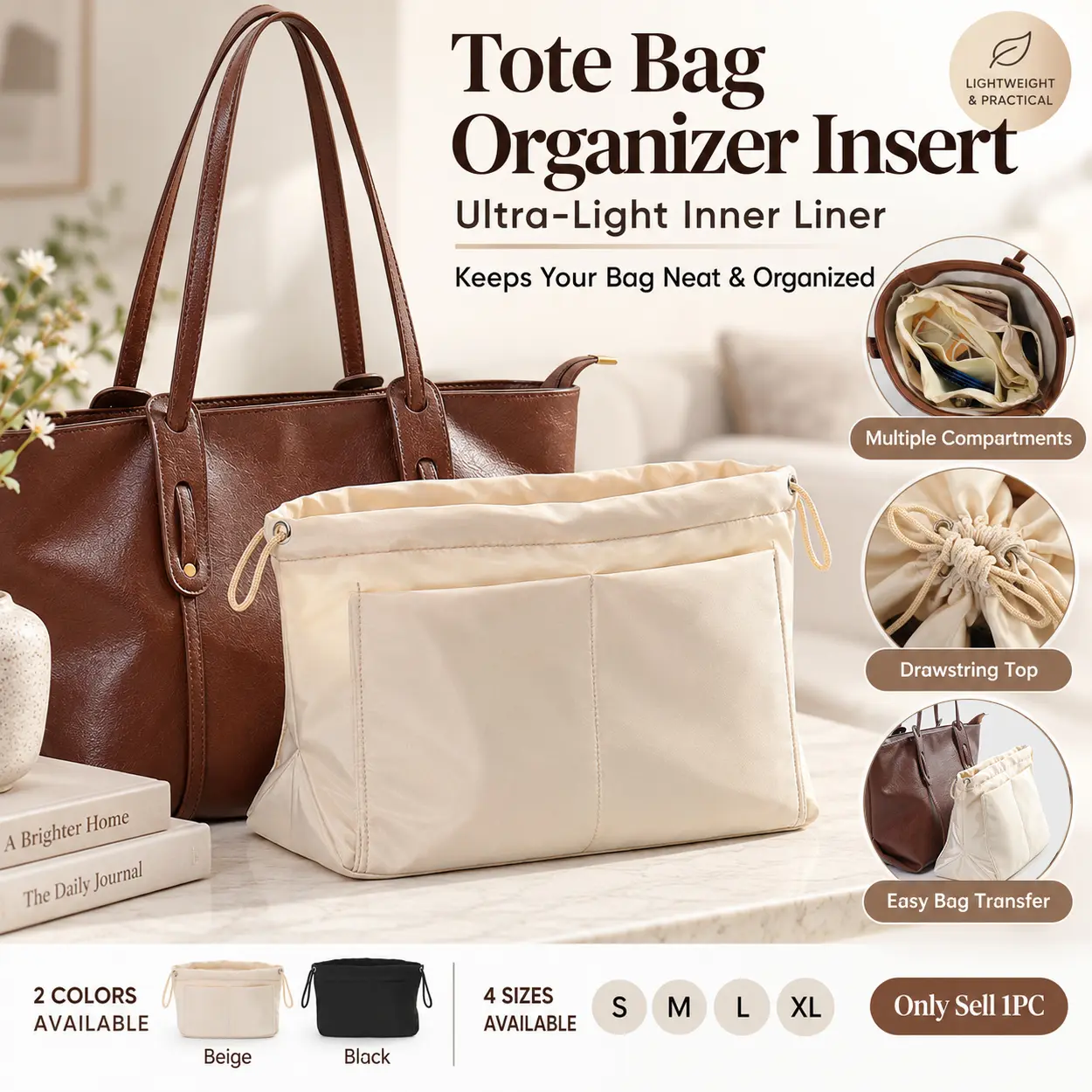 Tote Bag Organizer Insert, Travel Organizers, Lightweight Purse Organizer with Multiple Compartments, Handbag Inner Bag Divider, Portable Storage Insert for Cosmetics, Makeup, Keys and Daily Essentials, Perfect for Tote Bags, Work, Travel and Shopping