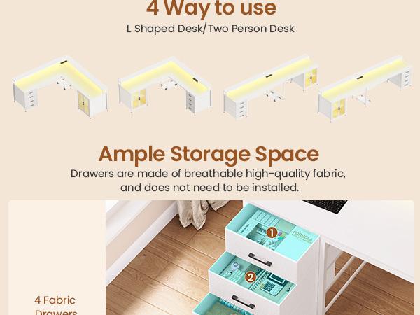 SEDETA 109 Inch L Shaped Gaming Desk with 4 Drawers Display Cabinet Computer Desks with 2 Monitor Stands CPU Stand LED Lights and Power Outlet