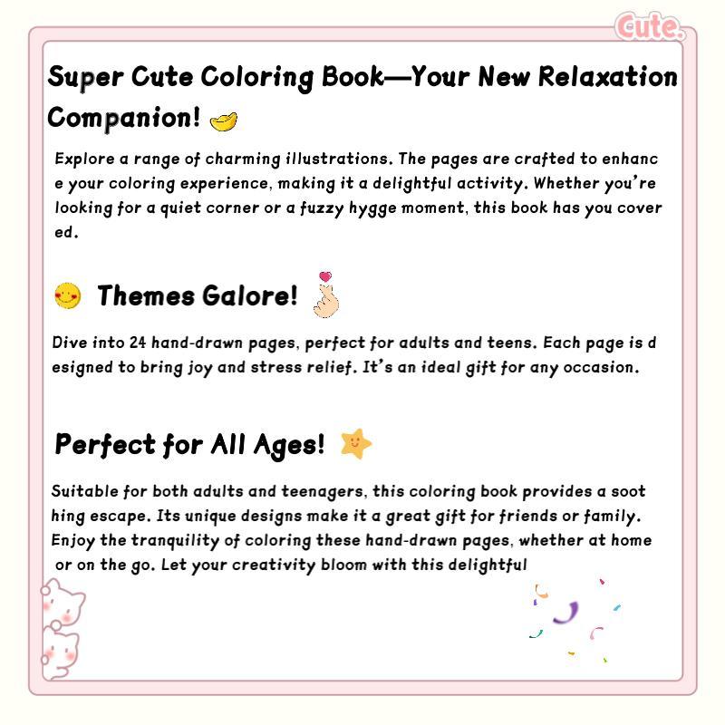 Cute Cartoon Coloring Book, 24 Bold Stress-Relief Designs, 7.9in X 7.9in Perfect Size, Thick Paper, Ideal Gift for Adults Kids Teens