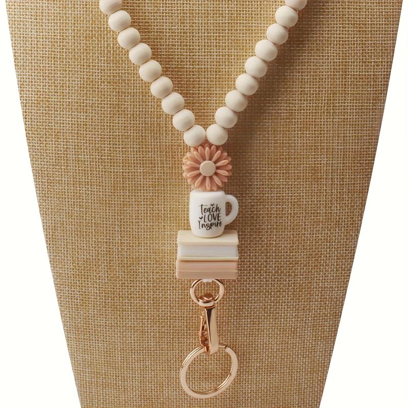 Teacher neck detachable hanging rope, suitable for ID cards, badges, keys, keychains, cute wooden beads with daisies and silicone cups, an excellent gift for ladies, teachers, workers, doctors, and nurses