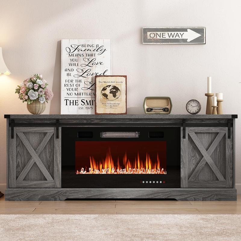 Farmhouse Fireplace TV Stand / Farmhouse TV Stand for 70/75/80 Inch TV, 70 inch Entertainment Center Storage Cabinets with 36”Electric Fireplace and Sliding Barn Doors, Media Console Cabinet for Living Room