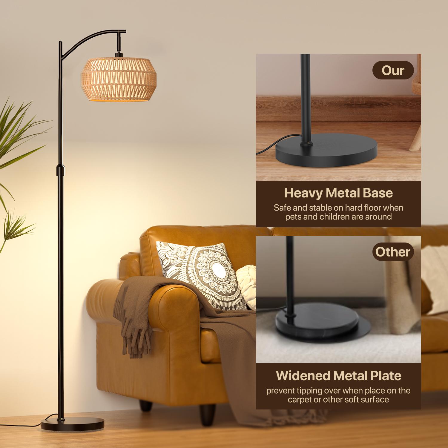 GLITGATE Boho Fishing Floor Lamp with Remote Control, Dimmable Arc Floor Lamp with 3 CCT and RGB,Farmhouse vintage Floor Lamps with Rattan Shades, Vintage floor lamp, Dimmable floor lamp for Bedroom, Office, living room,bedroom