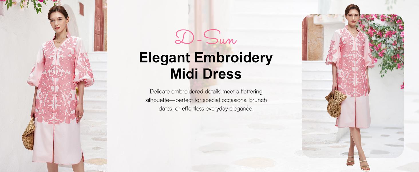 D-Sun Women Casual V-Neck Mid Dress Floral Embroidery 3/4 Sleeves Spring Summer Tunic Dress Loose Zip Party Dress with Pocket