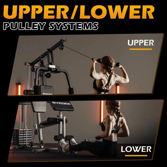 Home Gym Station, 150LB Weight Stack Multifunctional Home Gym Equipment for Full Body Strength Training Workout, LAT Pulldown Pulley System, Chest/Leg Exercise and Preacher Curl Fitness