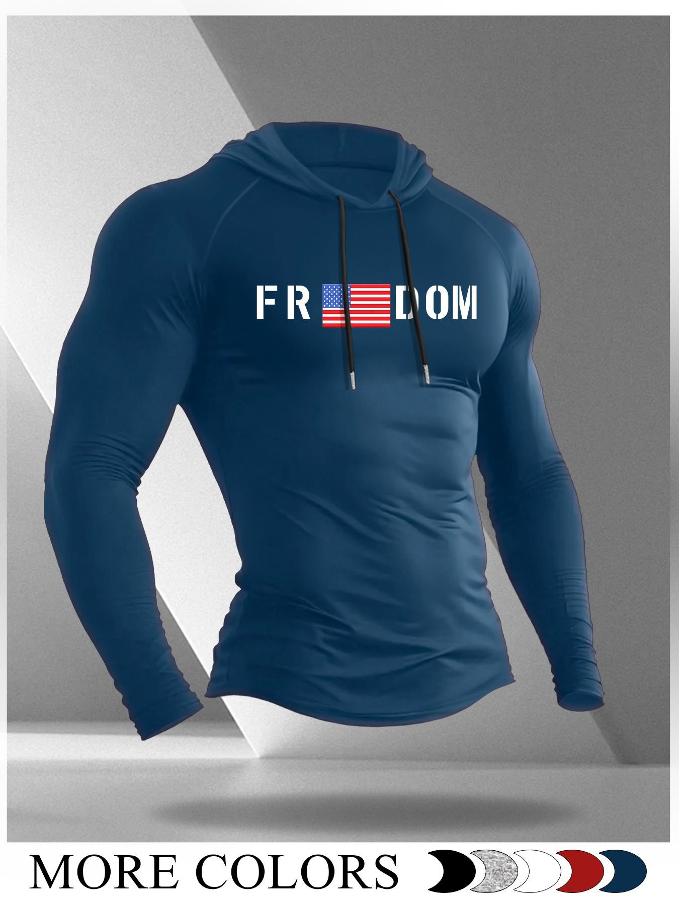Men's Cartoon Print Long Sleeve Hooded T-Shirt, Casual Fitted Moderate Fabric Gym Athletic Clothes Gym Workout Top for Fall