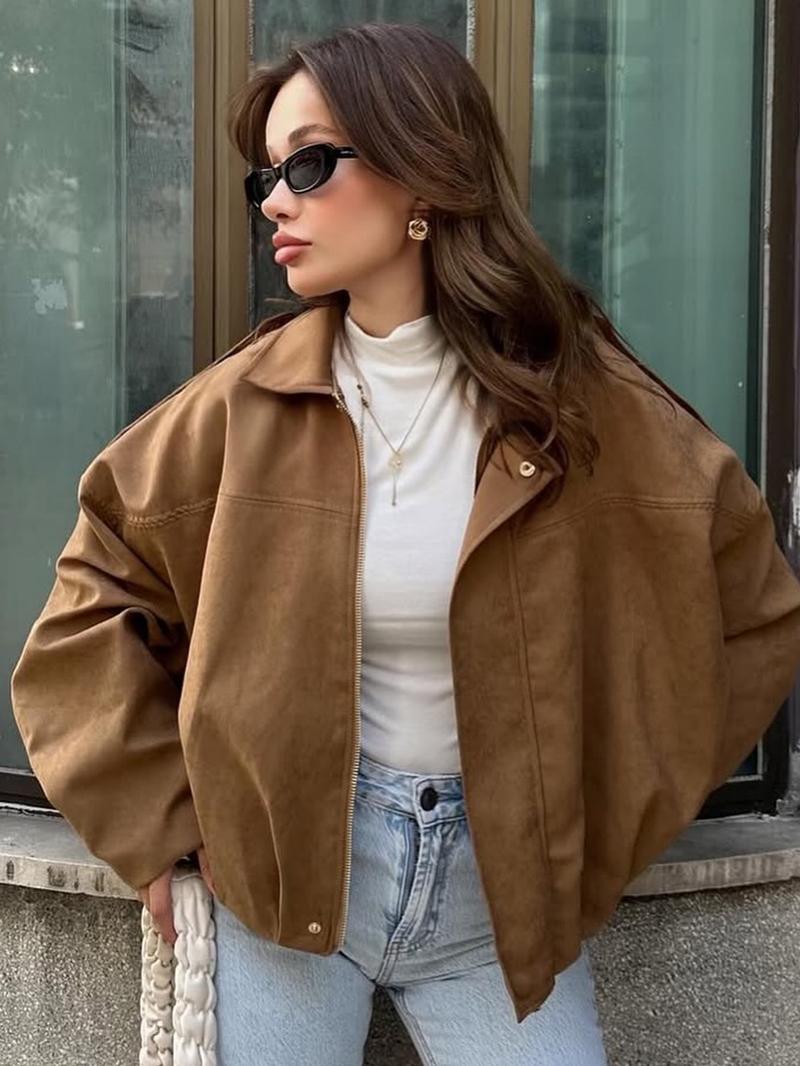 Women's Cropped Suede Jacket Demi-Season Bomber Jacket Female Outerwears Street Long Sleeve Oversized Black Brown Green Red Jacket Woman Fashion Zip Up Short Coat