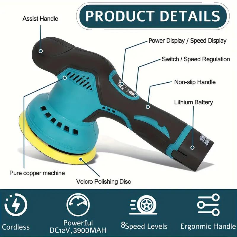Cordless Car Buffer Polisher with 12V Lithium Rechargeable Battery*2, Cordless Polisher with 8 Variable Speeds, Cordless Buffer Polisher for Car Detailing, Polishing Tools, Polishing Accessories for Men Cordless Car Buffer Polisher with 12V Lithium Rechargeable Battery*2, Cordless Polisher with 8 Variable Speeds, Cordless Buffer Polisher for Car Detailing, Polishing Tools, Polishing Accessories for Men