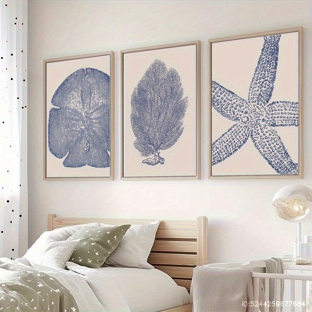 Modern Beach & Ocean Theme Wall Decor Set, Shell, Starfish, Floral Designs, Ideal for Living Room, Bar, Cafe, Home Office, Unframed Art Print