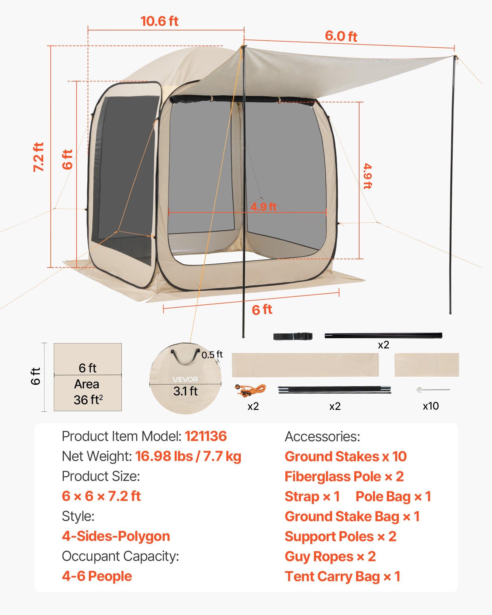 VEVOR Screen House Tent, 6 x 6 ft, 4-6 Person Pop Up Screen Tent with Extended Awning, Portable Screened in Canopy with Carry Bag, Netting Sides, for Patio, Backyard, and Outdoor Activities, Beige VEVOR Screen House Tent, 6 x 6 ft, 4-6 Person Pop Up Screen Tent with Extended Awning, Portable Screened in Canopy with Carry Bag, Netting Sides, for Patio, Backyard, and Outdoor Activities, Beige