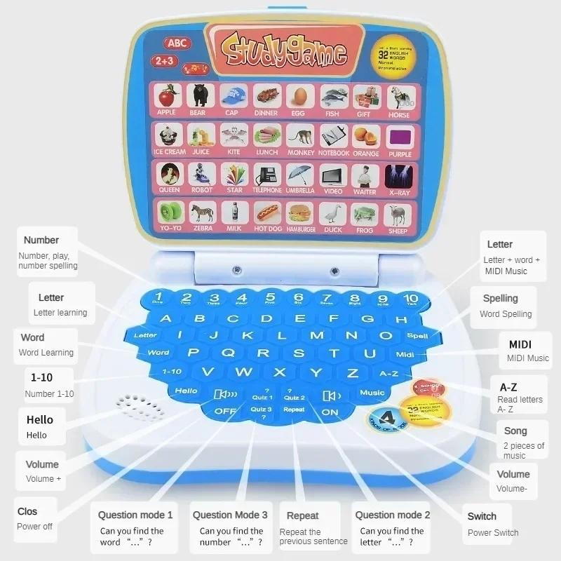 Children Bilingual Learning Laptop, English/spanish Music Sheet Reading Keyboard, Abs Material, Suitable for Kids (blue, ), Requires 3 Aa Batteries