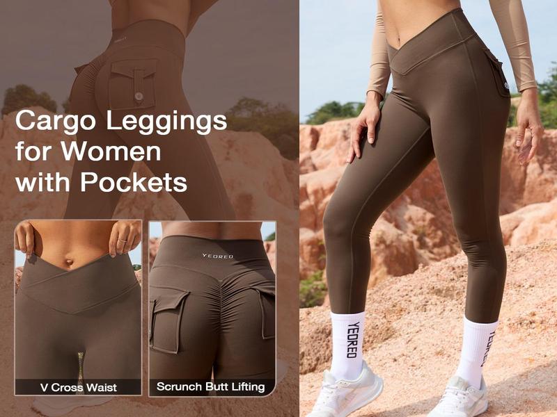 YEOREO CoreFlex Women’s Scrunch Leggings with Pockets High Waist V Cross Yoga Pants Butt Lifting Workout Tights Fitness Seamless Athletic Stretchable