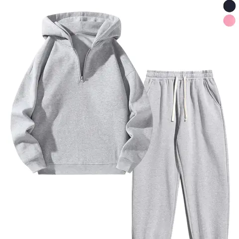 【Black Friday】Men's Solid Zipper Two-piece Set, Casual Long Sleeve Hoodie & Drawstring Pocket Sweatpants for Fall & Winter, Fashion Cozy Men's Outfits for Daily Wear