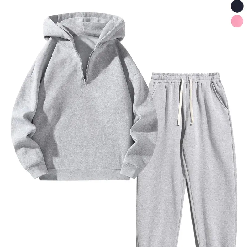 【Black Friday】Men's Solid Zipper Two-piece Set, Casual Long Sleeve Hoodie & Drawstring Pocket Sweatpants for Fall & Winter, Fashion Cozy Men's Outfits for Daily Wear