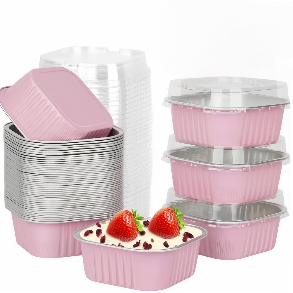 30 Pcs 5 oz Pink Mini Disposable Cake Plates, Foil Square Baking Cups with Lids,Muffin Plates, 3.5x3.5 Small Baking Cake Plates, Cupcake Containers, Suitable for Single Cakes, Mini Muffin Plates