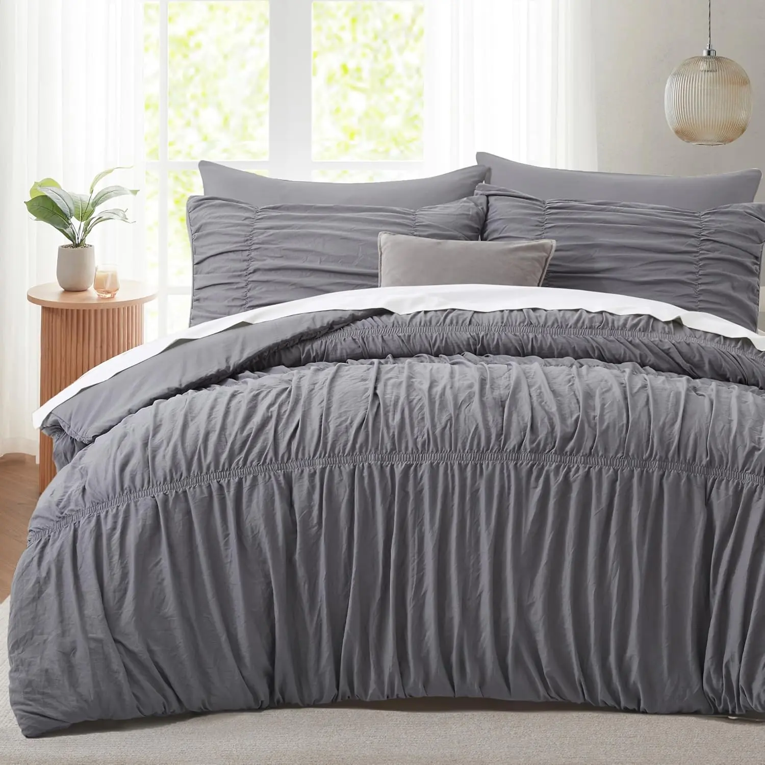 Wavy Ruched Comforter Set Queen Size, Grey, 5 Pieces| Vintage Boho Farmhouse Rustic Bedding Set, Texture, Elastic, All Season Bedroom Decor