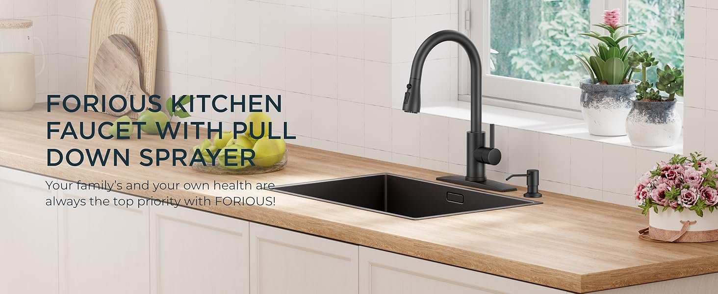FORIOUS Kitchen Faucet with Soap Dispenser, Kitchen Faucets with Pull Down Sprayer, Updated High Arc Single Hole Faucet for Kitchen Sink RV