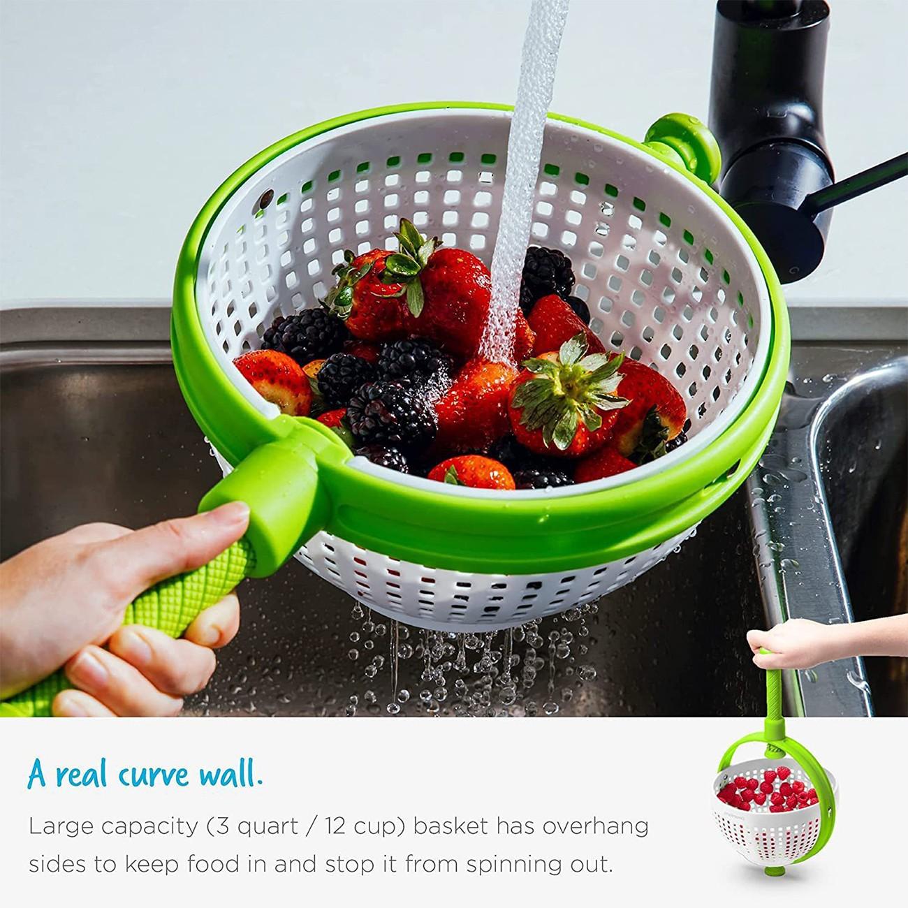 Salad spin dryer, kitchen vegetable cleaner centrifugal water-draining basket, rotating draining basket. Household vegetable and fruit salad spin cleaning, two-in-one easy-to-use and foldable salad spinner and filter strainer.