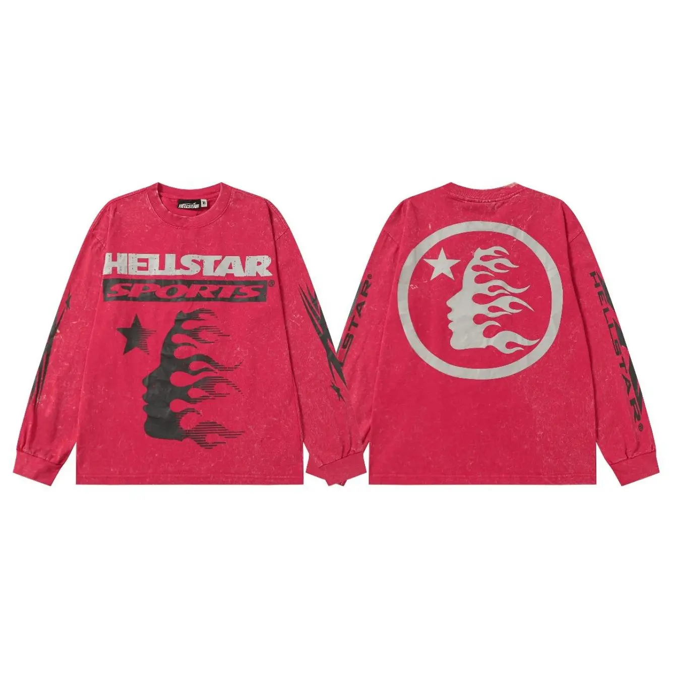 HellStar Men Vintage Acid Washed Long Sleeve Tee Oversized Retro Graphic Print Crewneck T-Shirt, Y2K Hip Hop Gothic Streetwear Casual Tops for Men Teens, Halloween, Music Festival, Concert, Skate Punk Daily Street Outfit