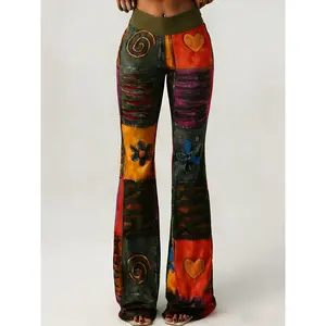 Lingshan Directional QD1113072 Women's Fashion Lace Patchwork Print Flared Pants