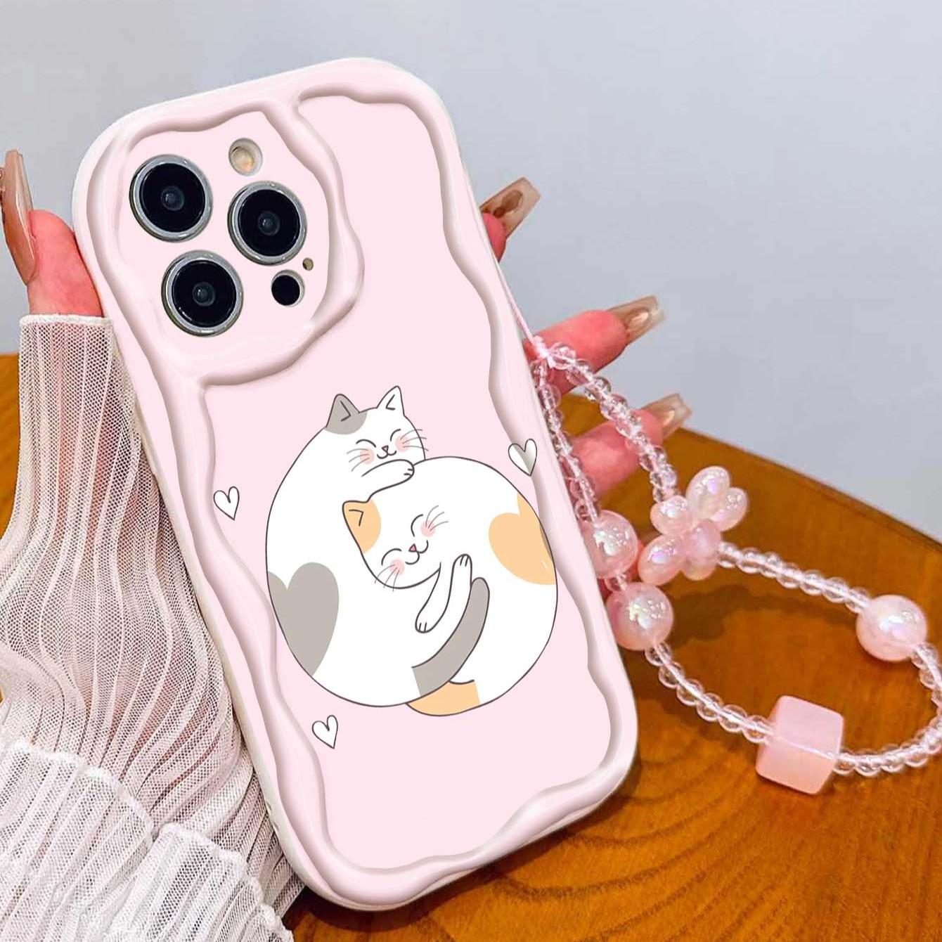Cute Cat Design Tpu Phone Case with Lanyard, Shockproof Wave Edge, Compatible with Apple Models 11-17 Pro Max, Perfect Gift for Girls