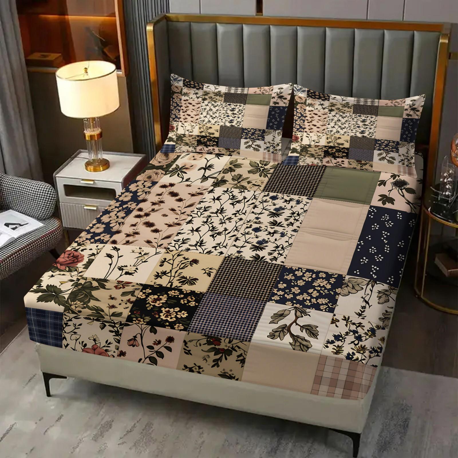 3PCS Vintage Patchwork Floral Plaid Fitted Bed Sheets Set, Soft Bedding Sets (1 Fitted Sheet + 2 Pillowcases),Soft Breathable Fabric,Deep Pocket Anti-Slip Design,HD Digital Printing,Retro Botanical All Season Bedding,Ins Style Bedroom Vibes