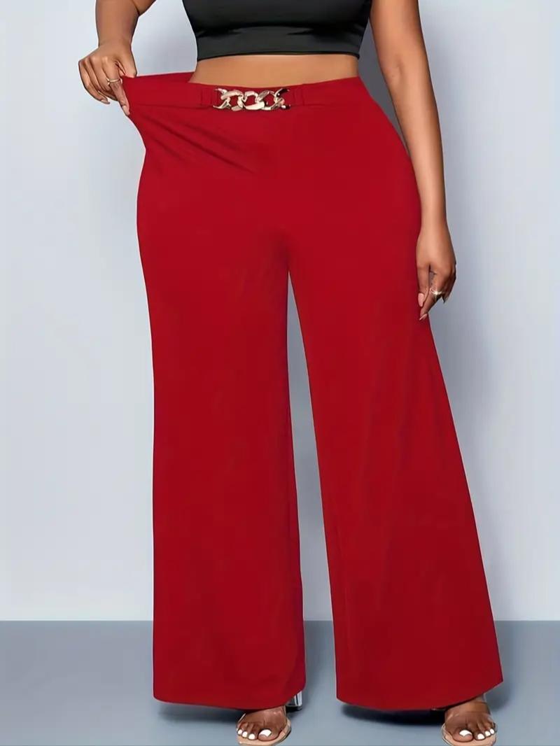 Women's Plus Size Wide Leg Pants, Fall Winter New Arrival, Belt Detail, Metal Chain Design, Casual Commuter Wear