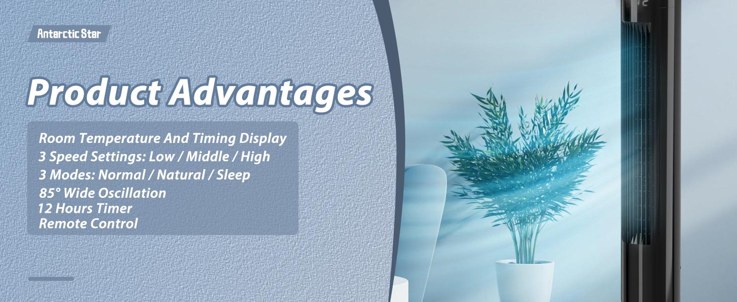 【NOT AC】Antarctic Star Tower Fan - Portable Electric Oscillating Fan with Remote Control, Quiet Operation, 3 Speed Settings &12H Timer,  Bladeless Standing Floor Fan for Bedroom & Office [No Cooling] [No Temperature Adjustment]