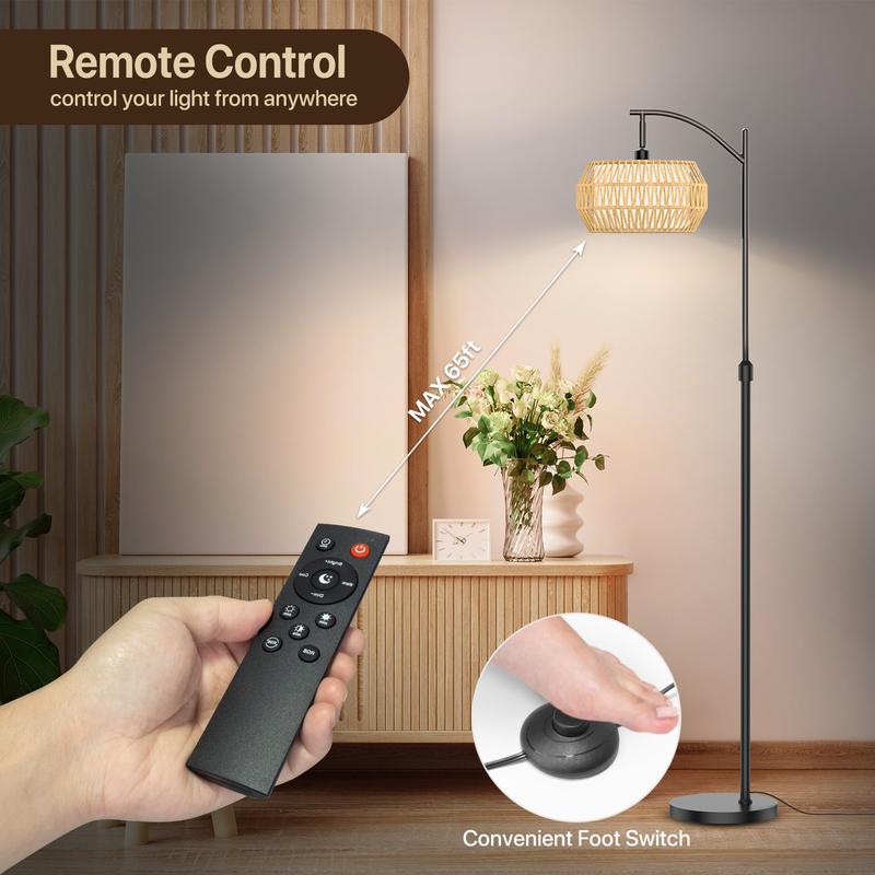 GLITGATE RGB Dimmable Y Floor Lamp with Remote Control, Bohemian Floor Lamp with 3 CCT,Farmhouse Floor Lamps with Rattan Shades, Mid century modern floor lamp, Adjustable Tall Lamp for Bedroom, Office for living room,bedroom